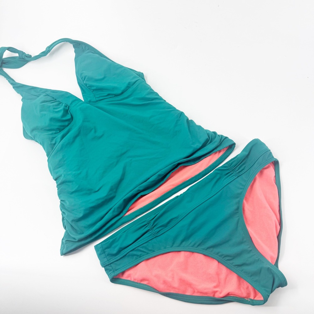 Athleta Shirrendipity Teal Green Halter Tankini Two Piece Set Ruched Size Large